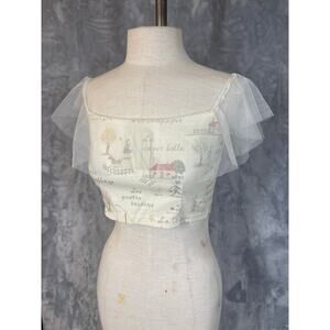French Countryside Needlepoint Print Cottage Crop Corset Peasant Top S Ruffle
